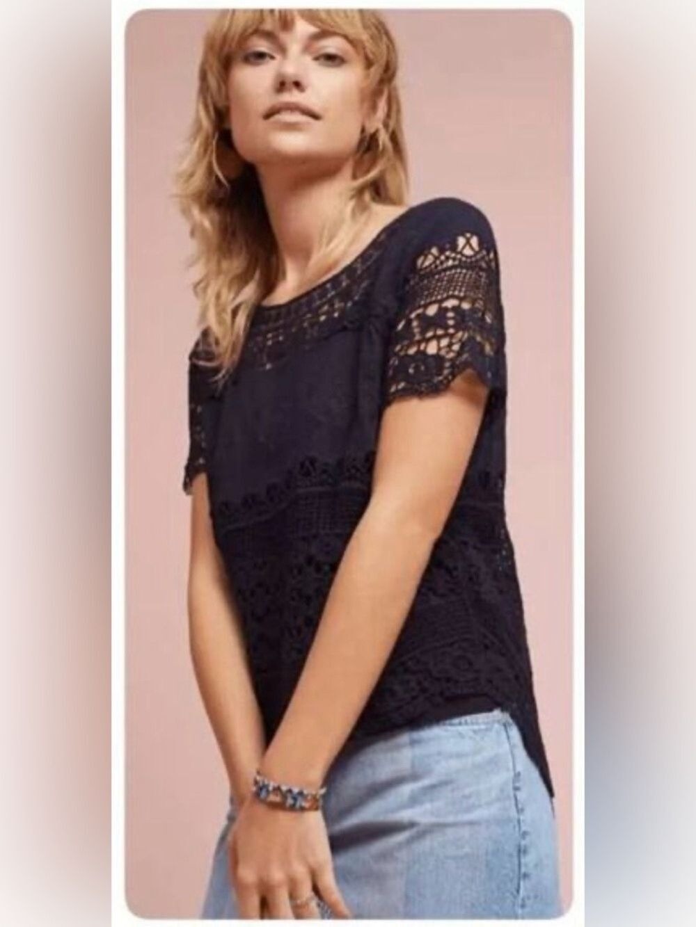 Free People Deletta Navy Crochet Lace Boho Top Medium Cottagecore